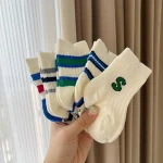 【GOODS】 韓国風 英字ボーダー ソックス 5点セット