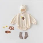 【66-100cm】 ボンネット付き 熊柄 ロンパース - 画像 (4)