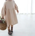 【80-130cm】 パフスリーブ リネン ワンピース - 画像 (3)