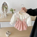 【66-100cm】 丸襟 小花柄 トップス ＆ サロペット ロンパース - 画像 (9)