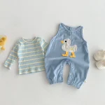 【66-100cm】 カモデザイン サロペット ＆ ボーダー シャツ 2点セット - 画像 (3)