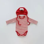 【66-90cm】帽子付き 目デザインボーダー ロンパース - 画像 (4)