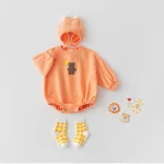 【66-100cm】 ボンネット付き 熊柄 ロンパース - 画像 (3)
