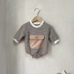【66-90cm】ポケット付き ボーダー ロンパース - 画像 (8)