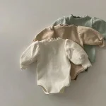 【66-90cm】 韓国風 パフスリーブ リブ ロンパース