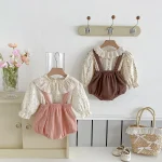 【66-100cm】 丸襟 小花柄 トップス ＆ サロペット ロンパース - 画像 (15)