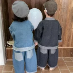 【80-140cm】 スタンドカラー 前開き デニム セットアップ - 画像 (8)
