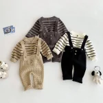 【66-90cm】 ボーダー ニットトップス＆サロペット 2点セット