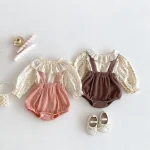 【66-100cm】 丸襟 小花柄 トップス ＆ サロペット ロンパース - 画像 (2)