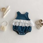 【66-90cm】デニムロンパース レース ノースリーブ 可愛い ベビー服