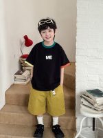 【90-150cm】半袖Tシャツ 男の子 配色デザイン リブ仕様 ロゴプリント カジュアル トップス - 画像 (3)