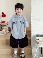 【90-150cm】シャツ 男の子 襟付き 半袖 ロゴ刺繍 カレッジ風 カジュアル トップス