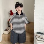 【90-150cm】ポロシャツ 男の子 ボーダー柄 ロゴ刺繍 カレッジ風 半袖 カジュアル トップス - 画像 (3)