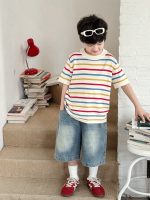 【90-150cm】半袖Tシャツ 男の子 ボーダー柄 クルーネック 薄手 カジュアル 韓国風 トップス - 画像 (4)