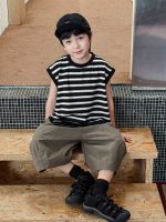 【90-150cm】タンクトップ 男の子 ボーダー柄 モノトーン ゆったり カジュアル トップス - 画像 (2)