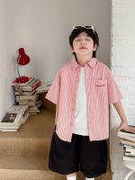 【90-150cm】半袖シャツ 男の子 ボーダー柄 襟付き ロゴ刺繍 ピンク カジュアル トップス - 画像 (2)