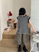 【90-150cm】タンクトップ 男の子 ボーダー柄 モノトーン ゆったり カジュアル トップス - 画像 (3)