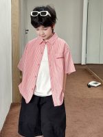 【90-150cm】半袖シャツ 男の子 ボーダー柄 襟付き ロゴ刺繍 ピンク カジュアル トップス