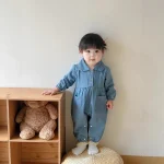 【66-100cm】ベビー 女の子 丸襟 デニム ロンパース