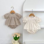 【66-100cm】ブラウス＆ブルマ パフスリーブ チェック シンプル ベビー服