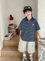 【90-150cm】ポロシャツ 男の子 ボーダー柄 ロゴ刺繍 カレッジ風 半袖 カジュアル トップス