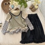 【90-150cm】Tシャツ or デニムパンツ 女の子 レイヤード風 フリルデニム - 画像 (3)