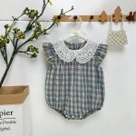 【66-90cm】ロンパース ベビー 肩フリル レース 丸襟 チェック - 画像 (2)