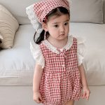 【66-90cm】ロンパース＆ヘッドバンド ベビー 女の子 レース チェック - 画像 (3)
