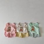 【73-100cm】セットアップ ベビー くまさんベスト＆チェックショートパンツ - 画像 (3)