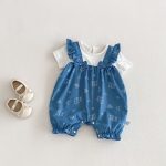 【66-90cm】カバーオール ベビー 女の子 デニム風 プリント切替