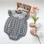 【66-90cm】ロンパース ベビー 肩フリル レース 丸襟 チェック - 画像 (3)