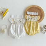 【66-90cm】ロンパース ベビー 花柄 刺繍 フリルデザイン