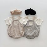 【66-90cm】セットアップ ベビー チェックサロペットロンパース＆半袖Tシャツ