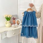 【73-120cm】セットアップ ベビー 女の子 デニムトップス＆パンツ ノースリーブ - 画像 (4)
