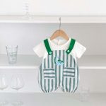 【66-90cm】カバーオール  ベビー 半袖 恐竜 ストライプ