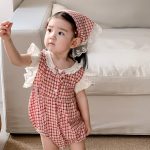 【66-90cm】ロンパース＆ヘッドバンド ベビー 女の子 レース チェック - 画像 (5)