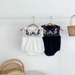 【66-90cm】ロンパース ベビー ナチュラル 花刺繍 スクエア襟 - 画像 (8)