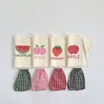 【80-130cm】セットアップ キッズ服 フルーツ柄 トップス＆チェックショートパンツ