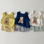 【73-100cm】セットアップ ベビー くまさんベスト＆チェックショートパンツ