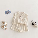 【73-100cm】セットアップ トップス＆ショートパンツ 無地 ノースリーブ - 画像 (3)