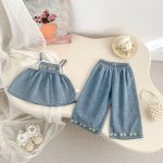 【73-120cm】デニムセットアップ  ベビー 女の子 フラワー 刺繍 - 画像 (3)