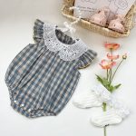 【66-90cm】ロンパース ベビー 肩フリル レース 丸襟 チェック - 画像 (4)
