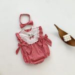 【66-90cm】ロンパース ベビー イチゴ柄 チェック リボン - 画像 (3)