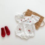 【66-100cm】ロンパース ベビー 女の子 花刺繍 スクエアネック