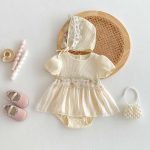 【66-90cm】ロンパース&帽子 ベビー 女の子 クリーム ワンピース風