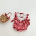 【66-90cm】ロンパース ベビー イチゴ柄 チェック リボン