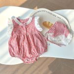 【66-90cm】ロンパース＆ヘッドバンド ベビー 女の子 レース チェック - 画像 (7)