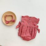 【66-90cm】ロンパース ベビー イチゴ柄 チェック リボン - 画像 (6)