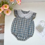 【66-90cm】ロンパース ベビー 肩フリル レース 丸襟 チェック - 画像 (5)