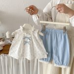 【73-100cm】セットアップ トップス＆パンツ ベビー 女の子 小花柄 ノースリーブ レース裾 - 画像 (3)